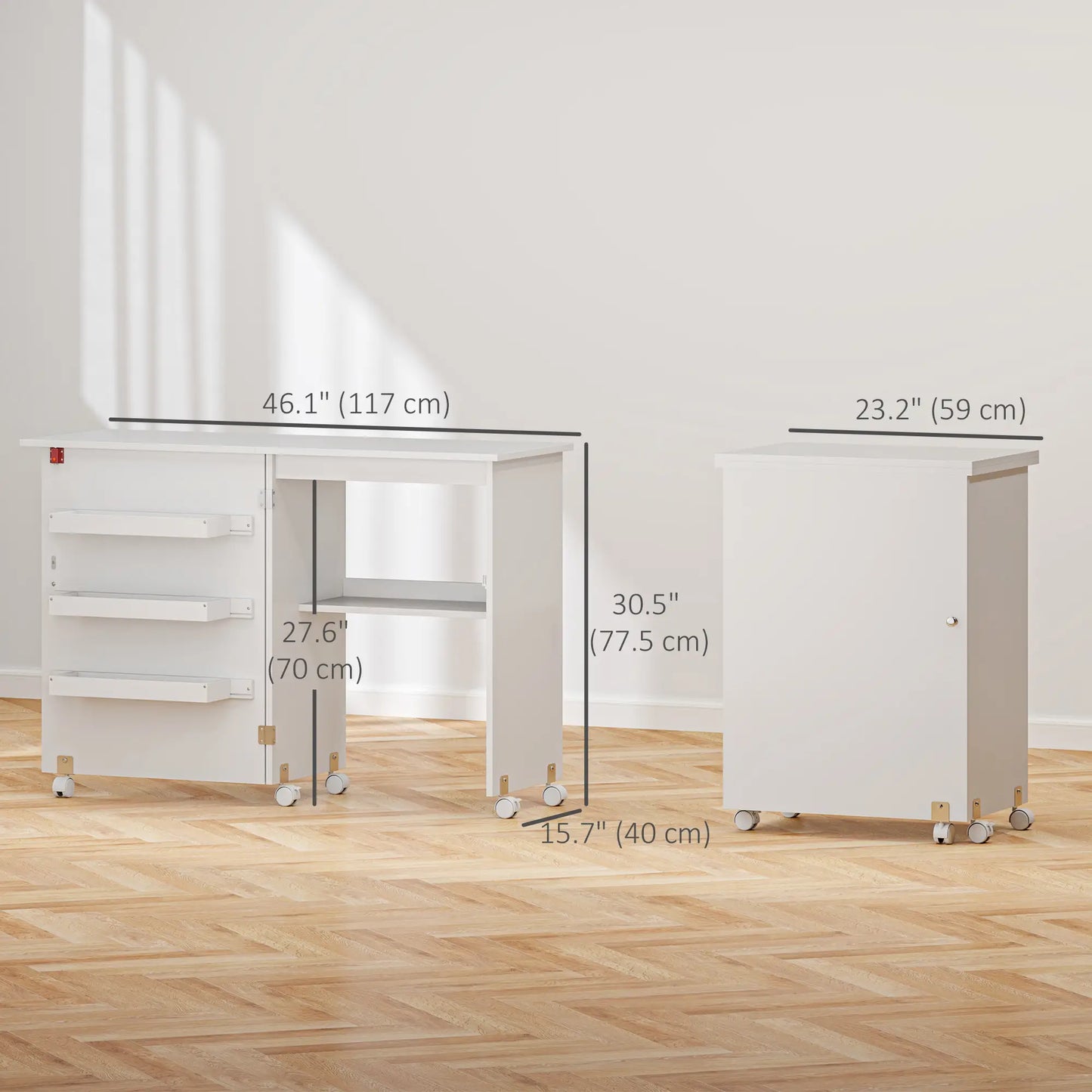 Folding Sewing Table with Storage, Lockable Wheels, White Storage Cabinets at Gallery Canada