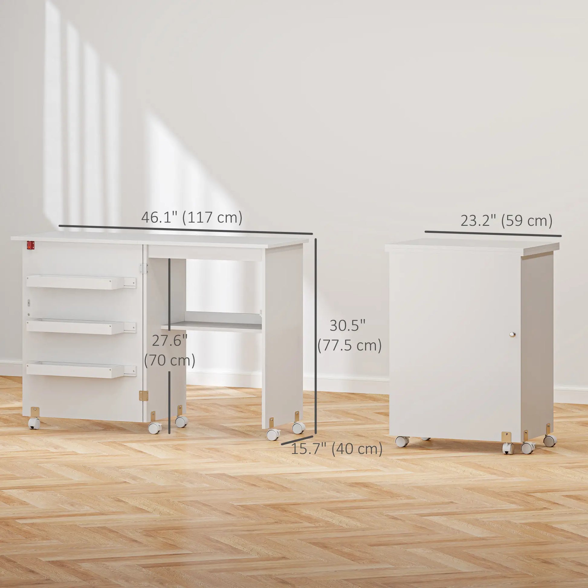 Folding Sewing Table with Storage, Lockable Wheels, White Storage Cabinets at Gallery Canada