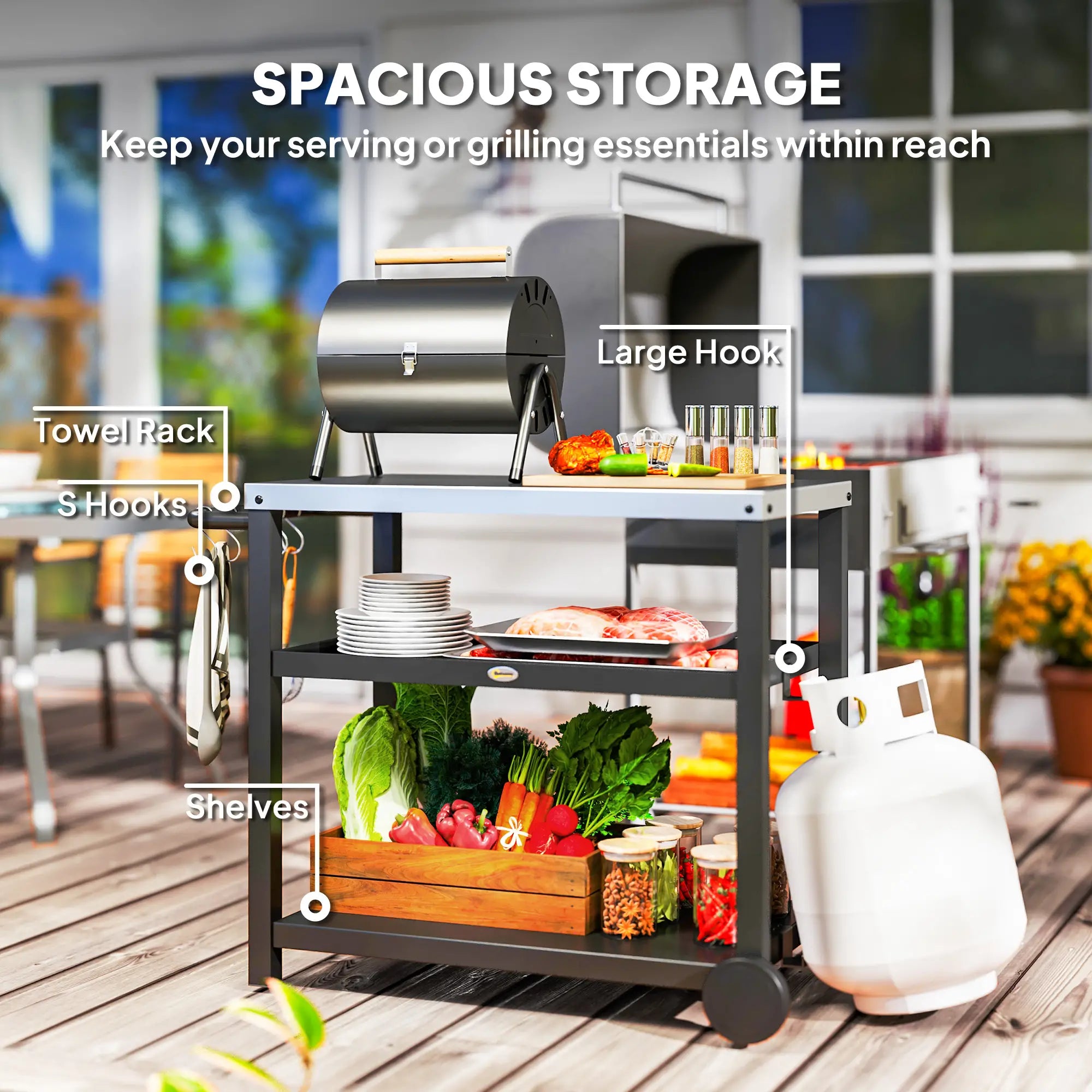 3-Shelf Outdoor Grill Cart, Stainless Steel Top, Movable BBQ Table, Charcoal Grey Outdoor Grill Carts at Gallery Canada