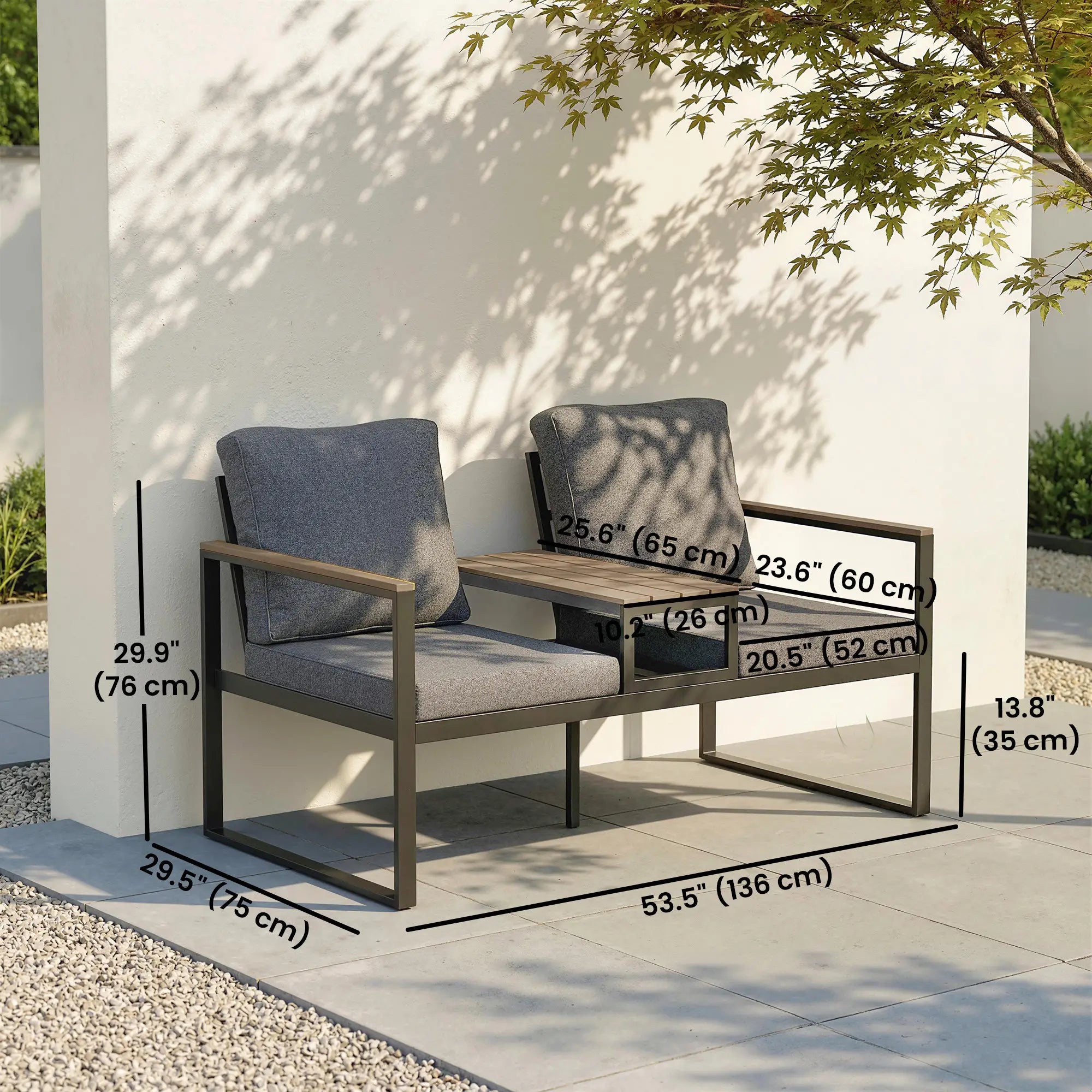 Outdoor Garden Bench With Integrated Table, 2 Seater Patio Loveseat, 136 cm, Grey Outdoor Benches at Gallery Canada