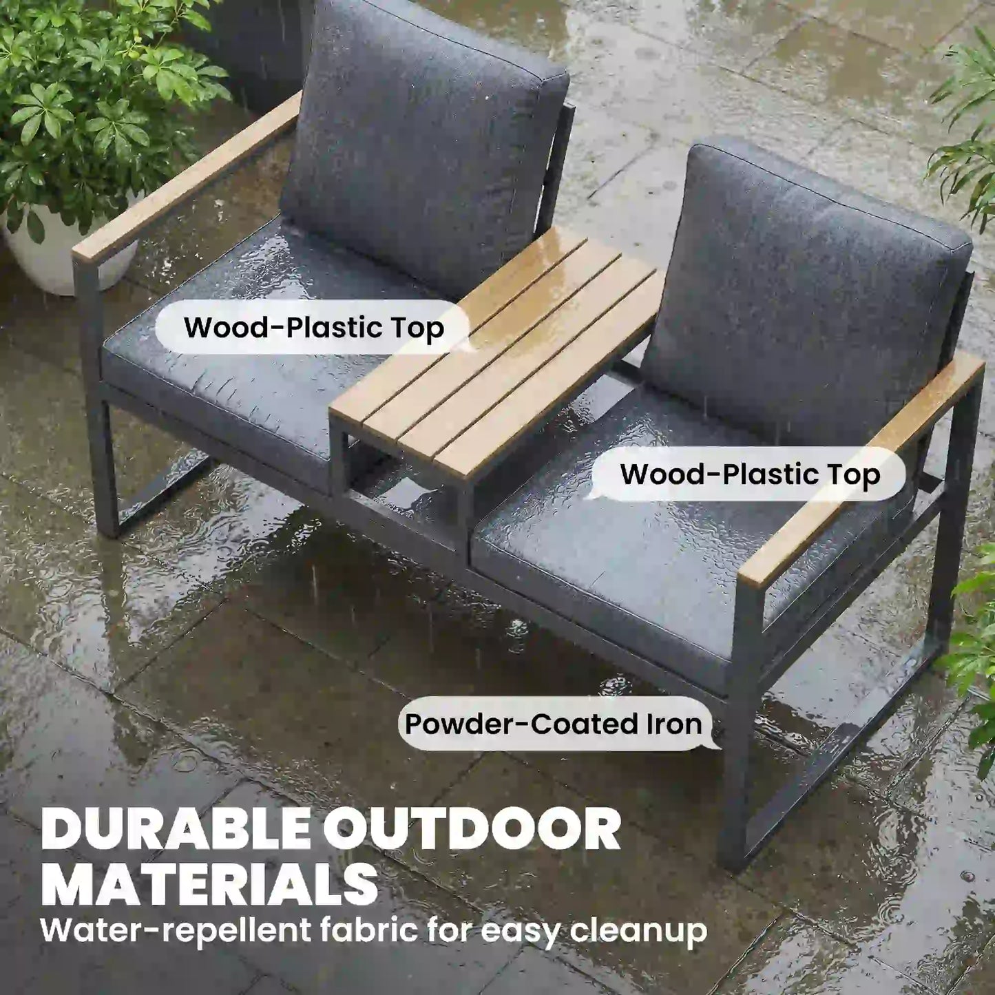 Outdoor Garden Bench With Integrated Table, 2 Seater Patio Loveseat, 136 cm, Grey Outdoor Benches at Gallery Canada