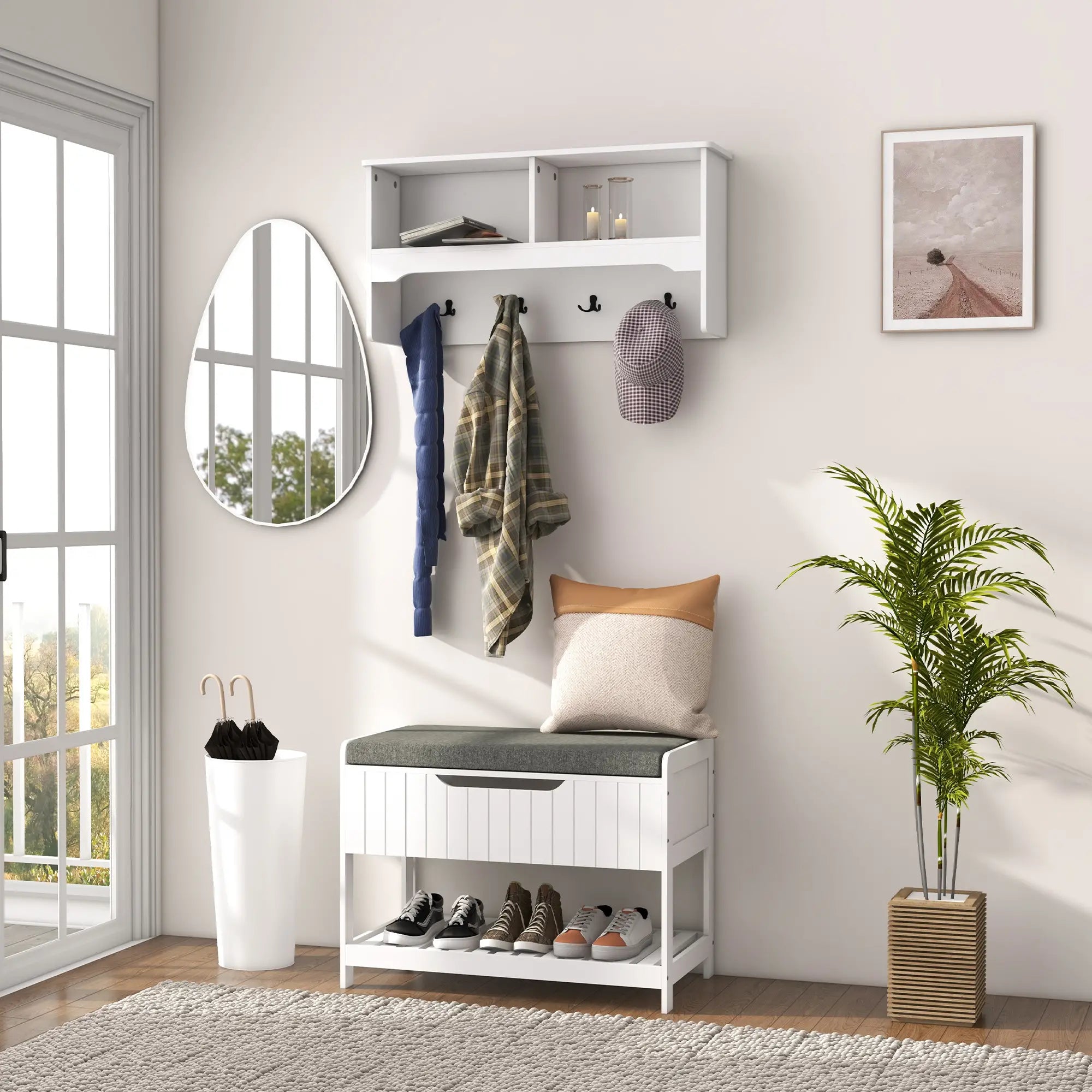 Wall Mounted Coat Rack, Shoe Storage Bench, Hall Tree, White Clothing Storage at Gallery Canada
