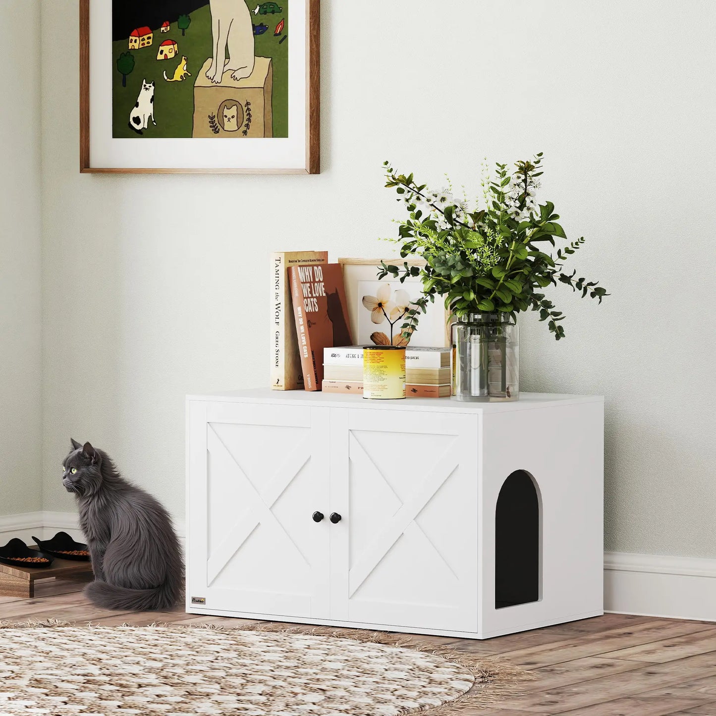 Cat Litter Box Enclosure, Double Doors, Handles, 31.5" x 21" x 20", White Cat Litter Box Enclosures at Gallery Canada