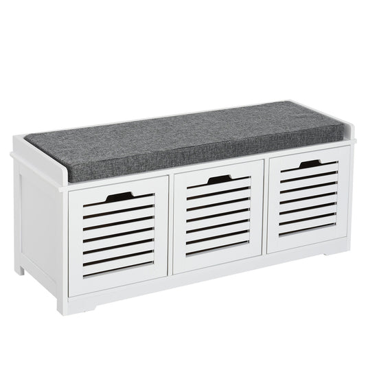 Upholstered Shoe Cabinet Storage Bench with Padded Cushion, with 3 drawer Enough Storage Space Bench Stool for Living Room Entryway Furniture, White - Gallery Canada