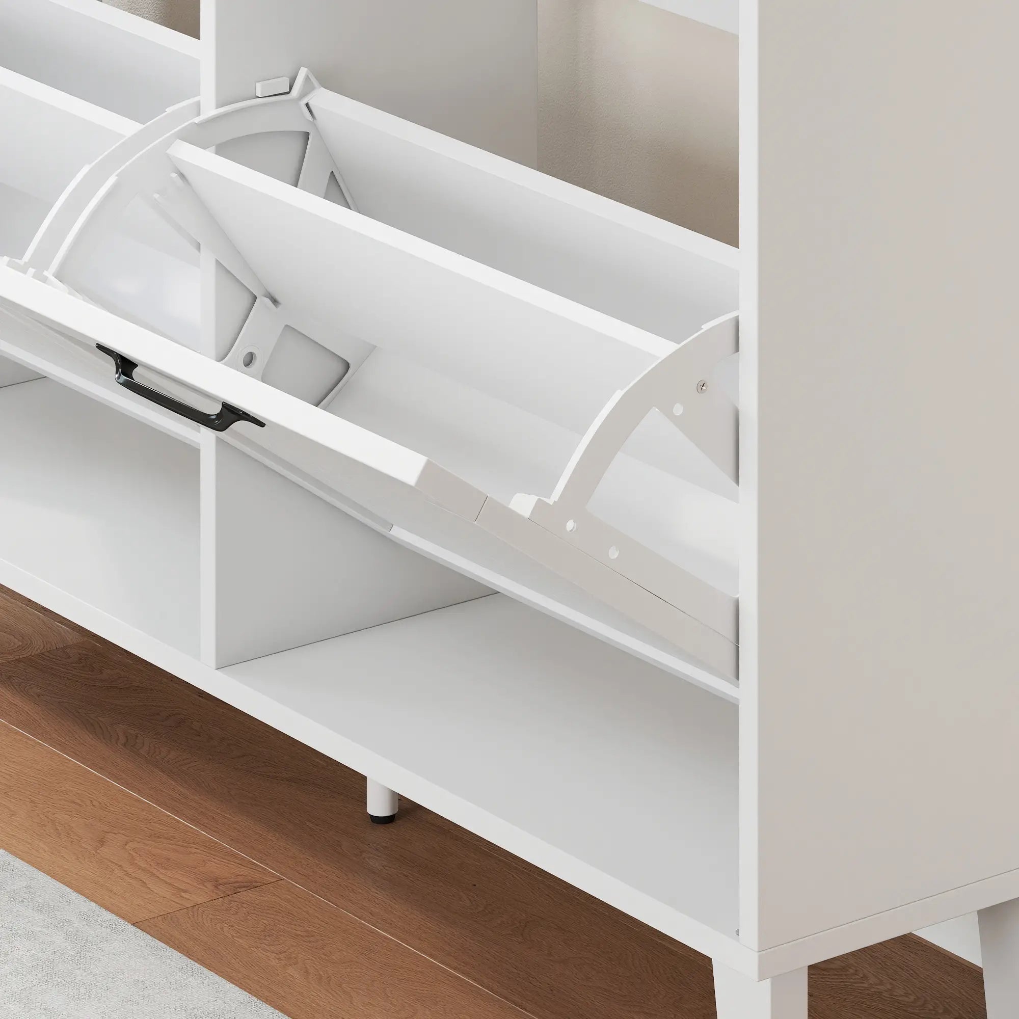 Shoe Cabinet with 4 Flip Drawers, Freestanding Narrow Shoe Storage Cabinet with Adjustable Shelves, Open Back, White Shoe Storage Cabinets & Racks at Gallery Canada