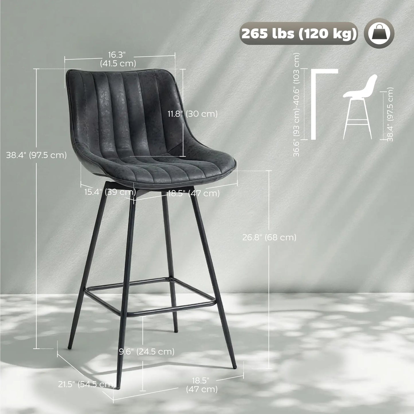 Set of 2 Counter Height Barstools, PU Leather, Black Bar Stools at Gallery Canada