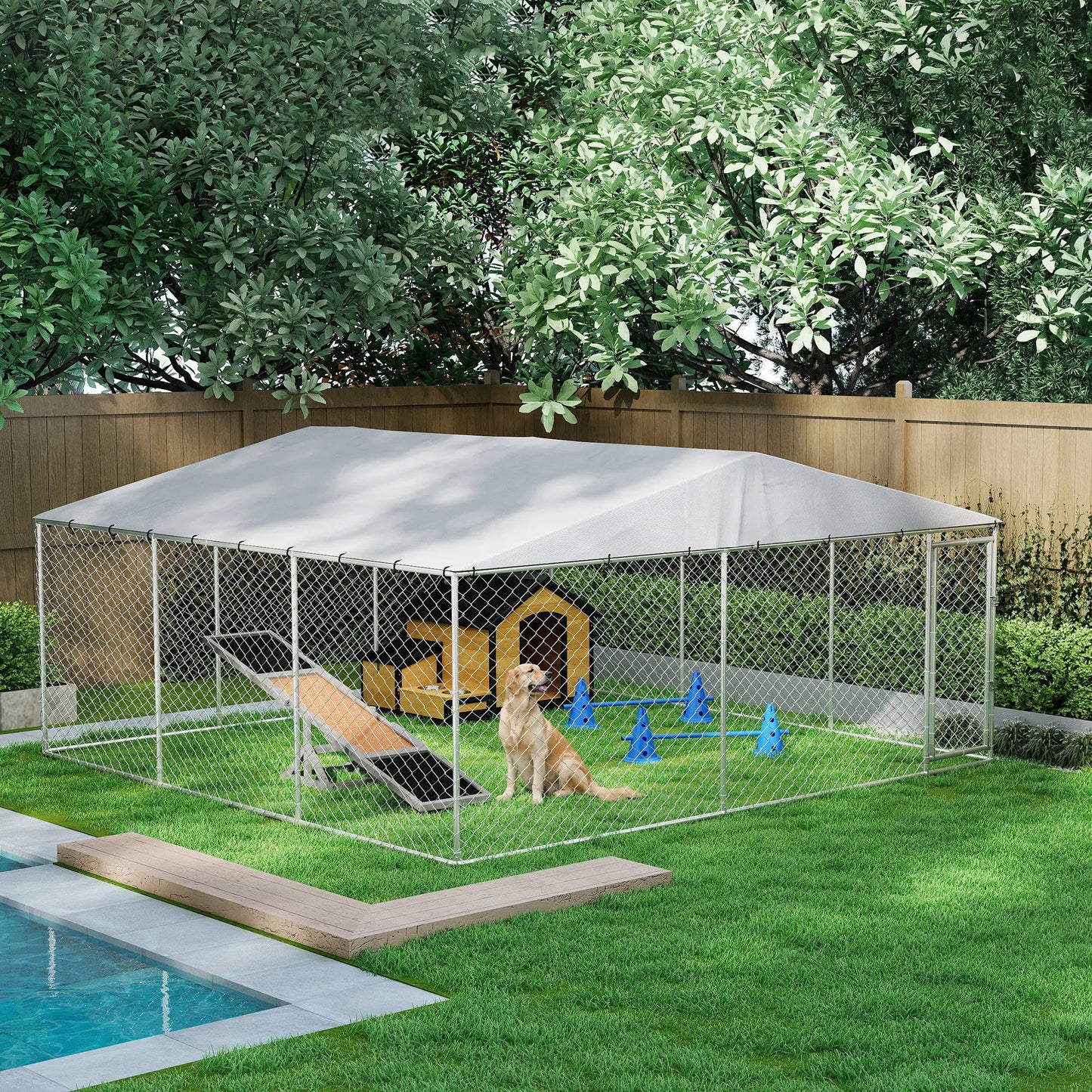 14.8' x 14.8' x 7.1' Dog Kennel, Outdoor, Waterproof Cover, Silver Dog Kennels at Gallery Canada