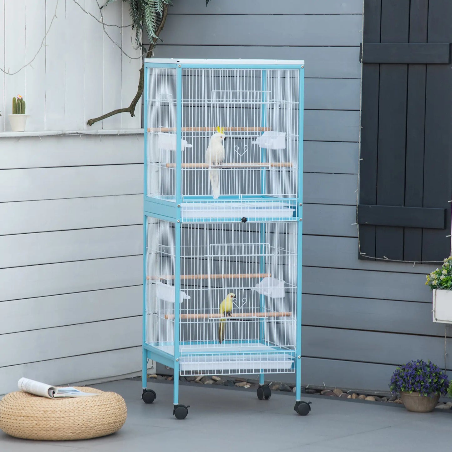 55.1" 2 In 1 Bird Cage Aviary, Wheels, Slide-out Trays, Light Blue Bird Cages at Gallery Canada
