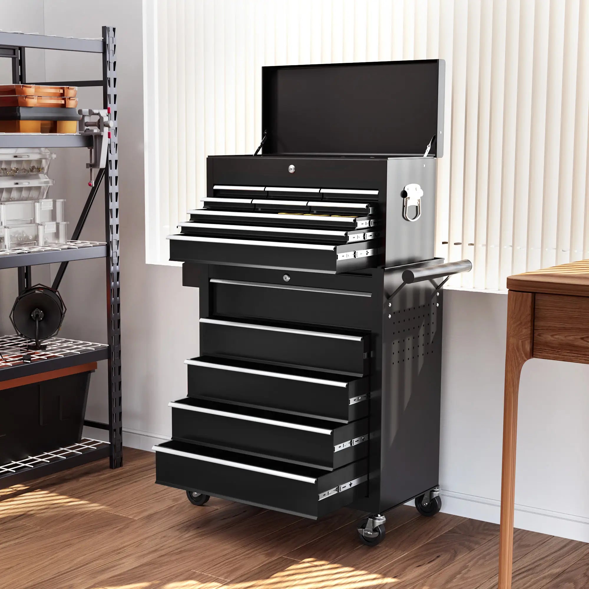 14 Drawer Rolling Tool Chest, Lockable Storage Cabinet, Detachable Toolbox, Black Tool Organizers at Gallery Canada