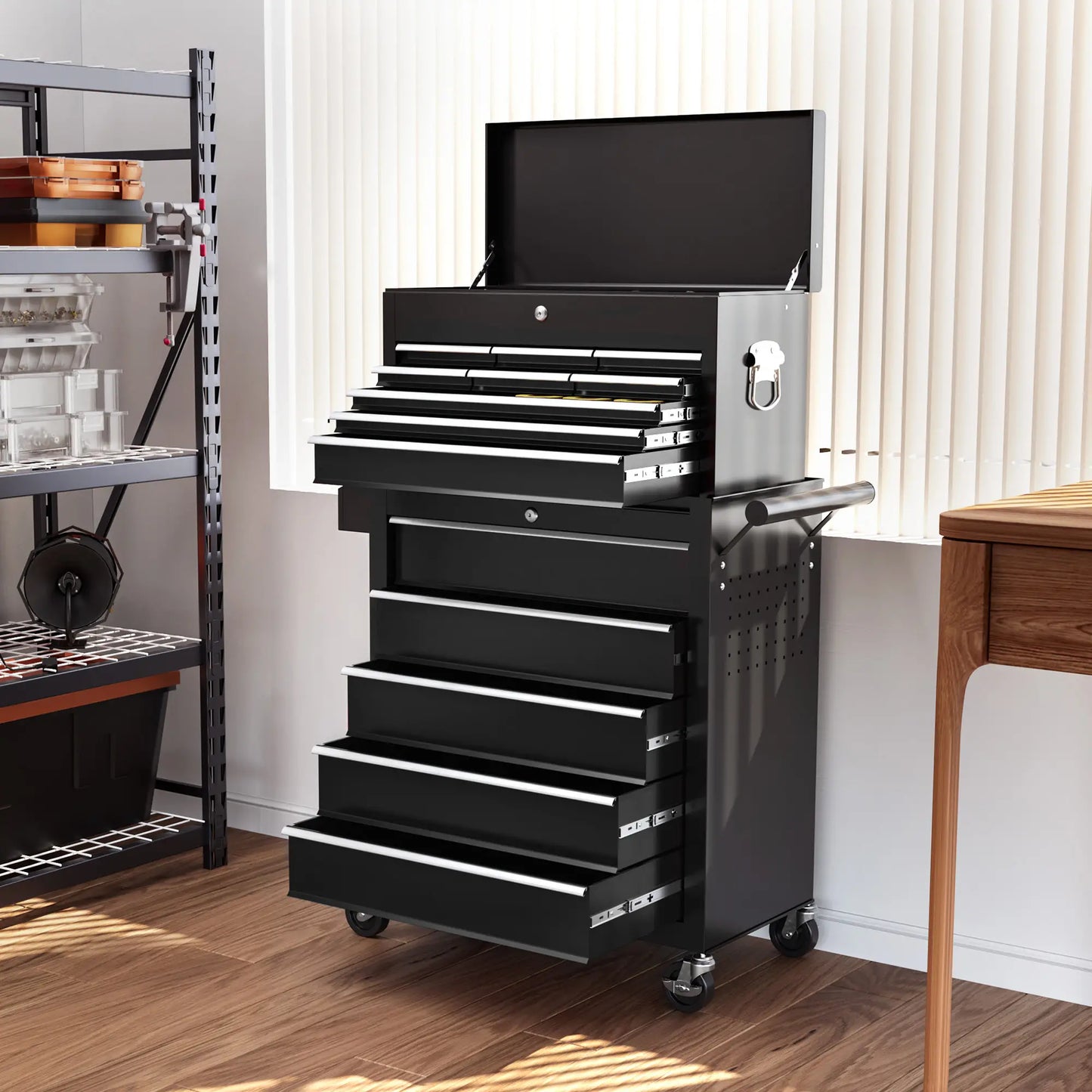 14 Drawer Rolling Tool Chest, Lockable Storage Cabinet, Detachable Toolbox, Black Tool Organizers at Gallery Canada