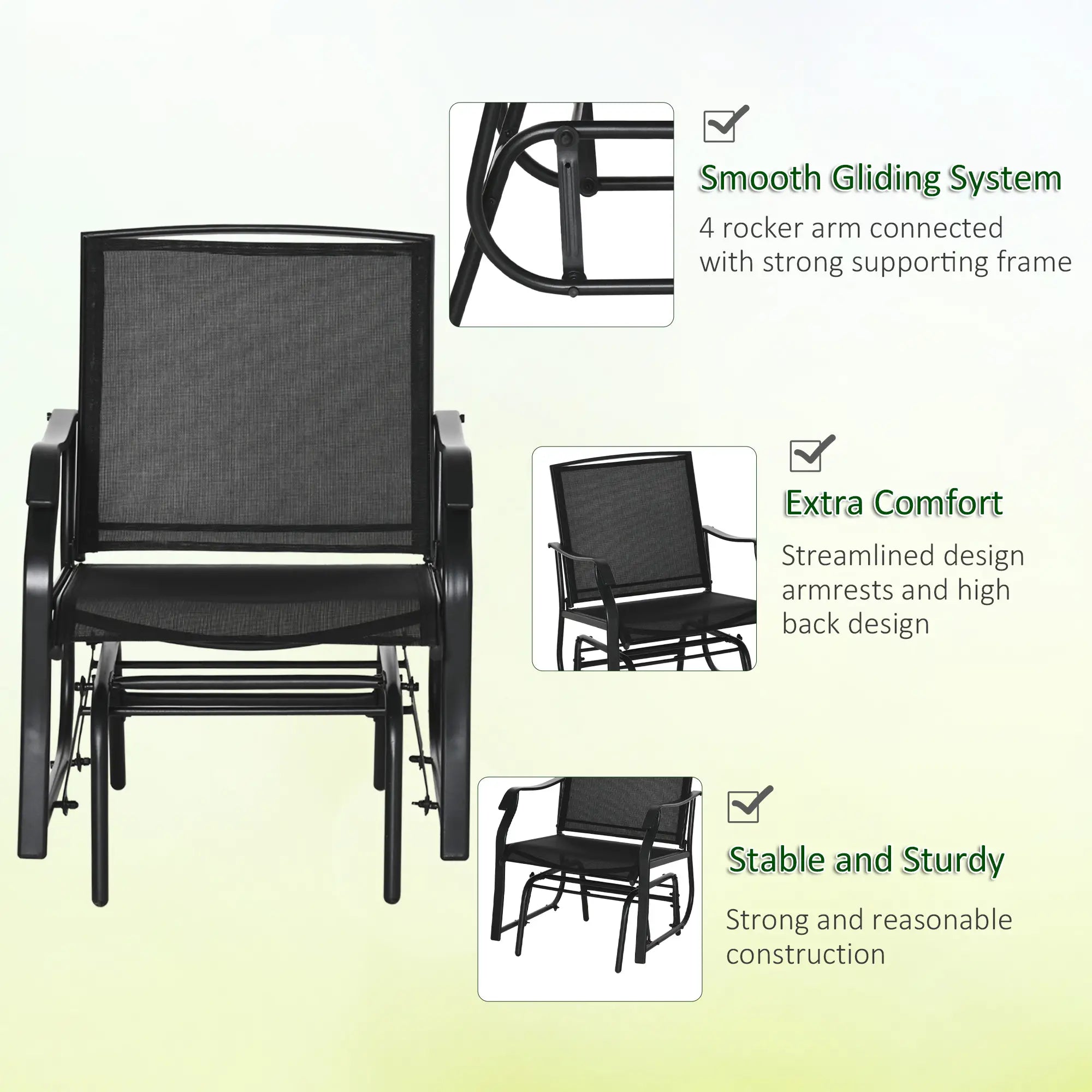 3 Piece Patio Glider Set, Breathable Mesh Seat, Glass Top Table, Black Outdoor Gliders at Gallery Canada