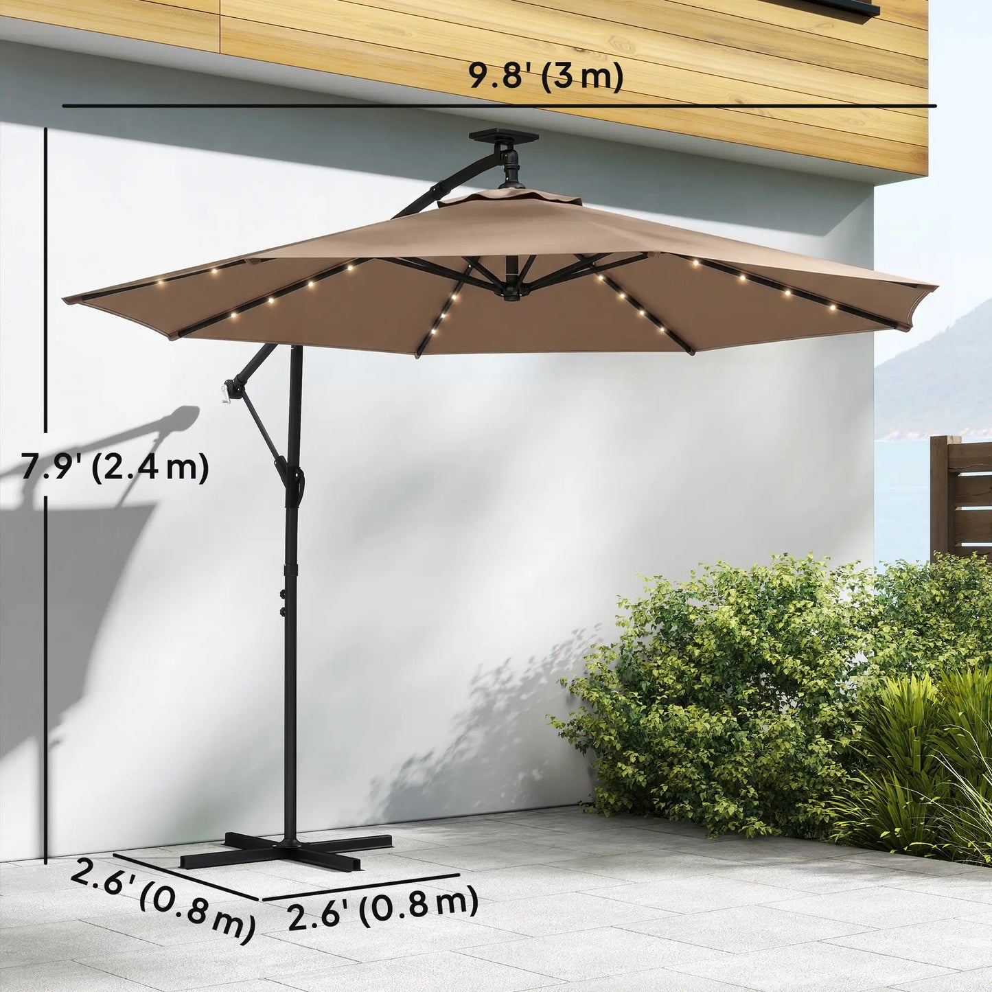 9.7 ft Cantilever Patio Umbrella, Solar Light, Tilt, Crank, Khaki Offset Cantilever Umbrellas at Gallery Canada