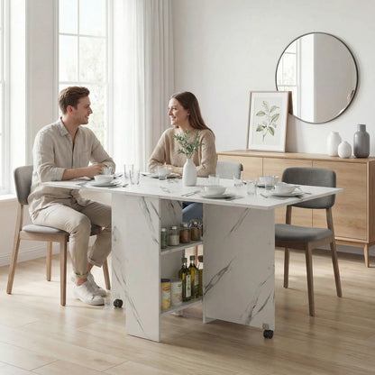 Extendable Dining Table, Marble White, Collapsible With Shelves, White Dining Tables at Gallery Canada
