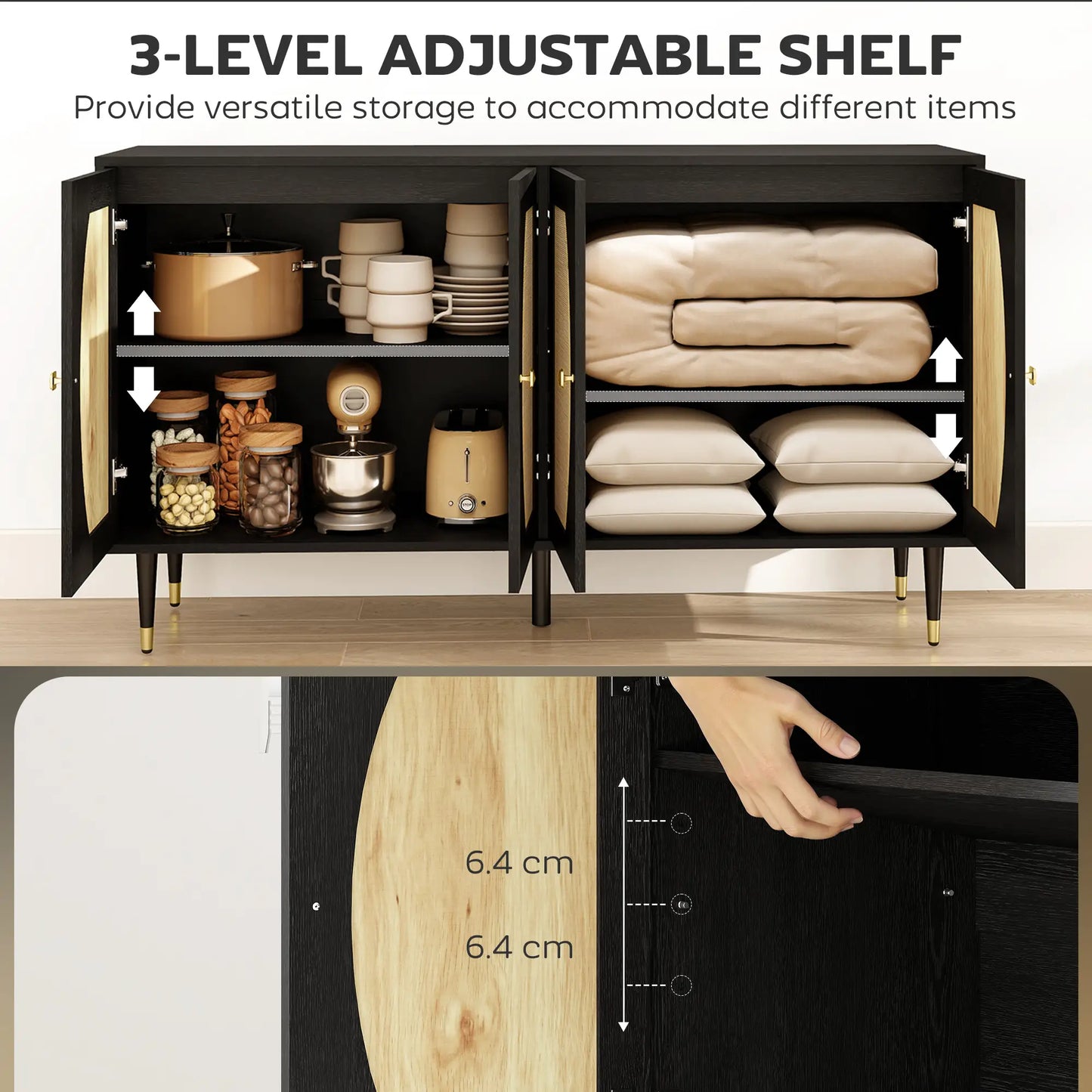 55" Sideboard Buffet Cabinet, Boho Storage With Adjustable Shelves, Black Storage Cabinets at Gallery Canada