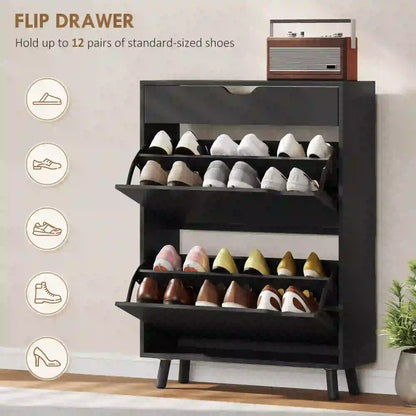Narrow Shoe Cabinet, 2 Flip Drawers, Top Drawer, Adjustable Shelves, Black Shoe Storage Cabinets & Racks at Gallery Canada