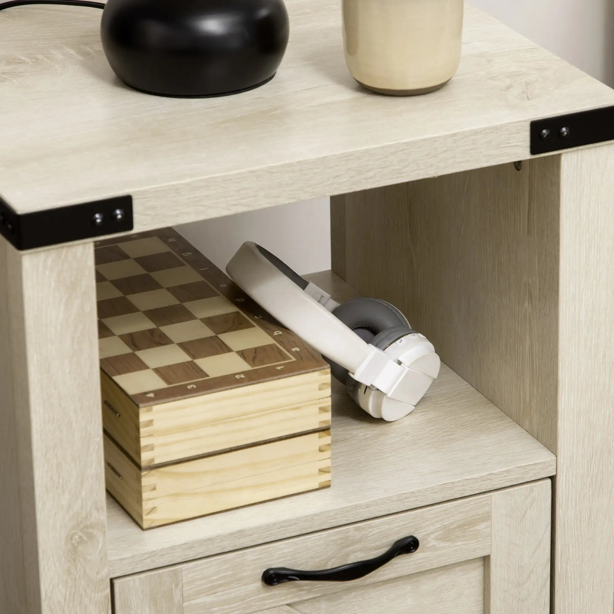 Farmhouse Side Table with Drawer, Open Shelf, Oak, 24.8x17.7x23.6 Side Tables at Gallery Canada