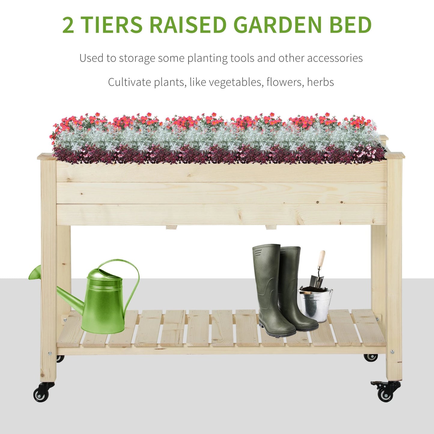 Mobile Raised Garden Bed, Wood Planter Box w/ Wheels, Storage Shelf, Natural Elevated Garden Beds at Gallery Canada
