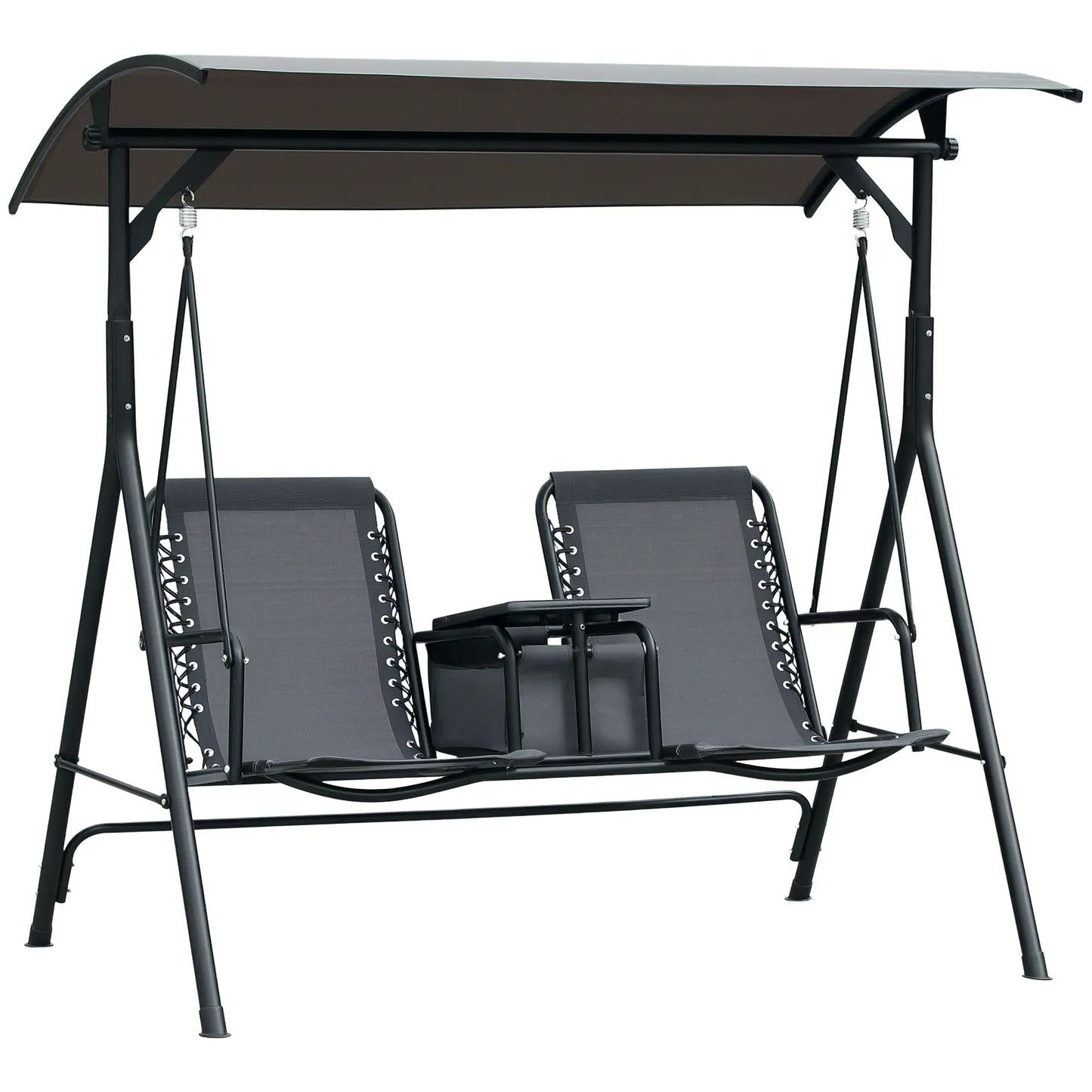 2 Person Porch Swing with Storage Table, Cup Holder, Canopy, Grey Patio Swings with Stand Grey, Black at Gallery Canada