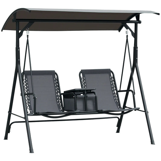 2 Person Porch Swing with Storage Table, Cup Holder, Canopy, Grey Patio Swings with Stand Grey, Black at Gallery Canada