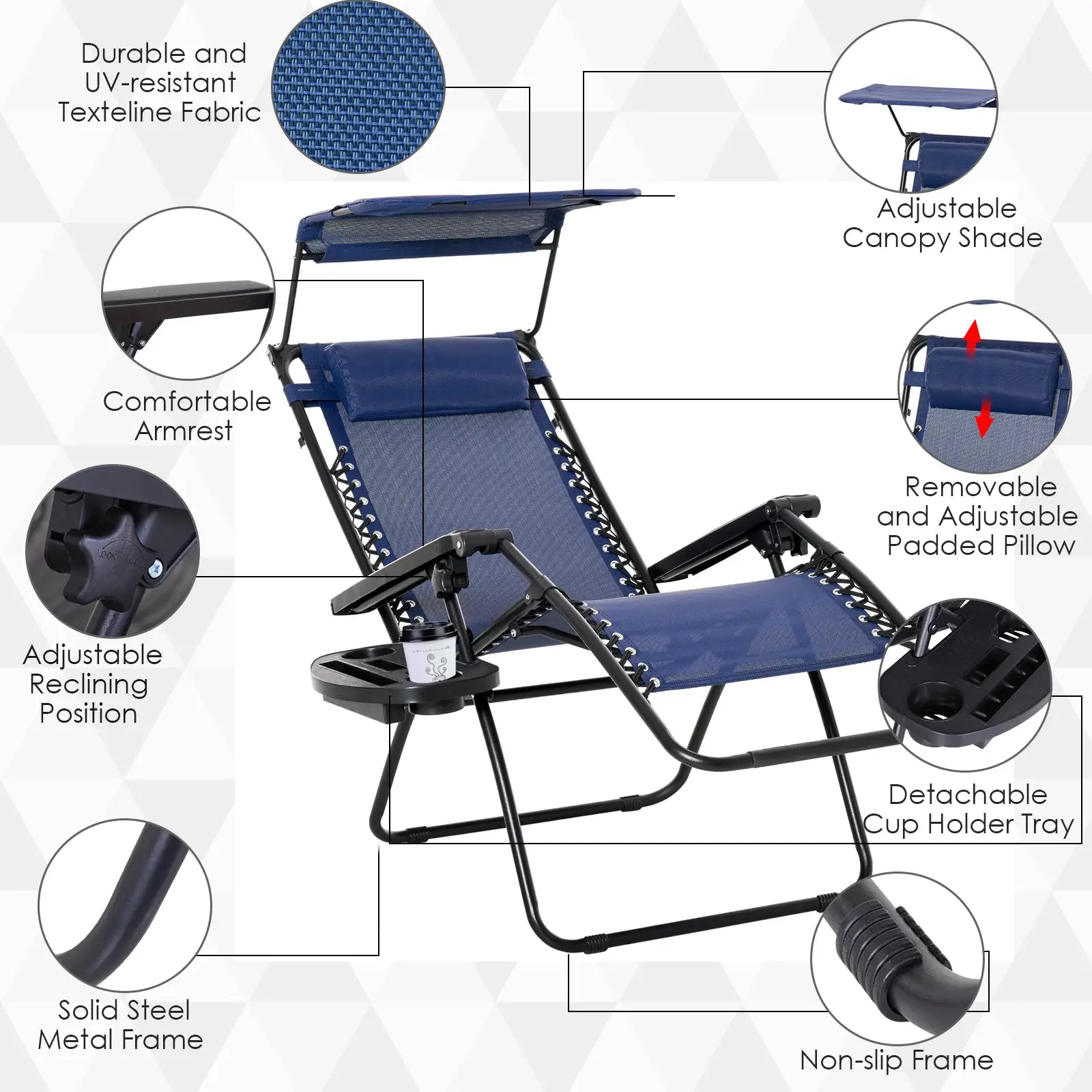 Foldable Lounge Chair with Canopy, Outdoor Zero Gravity Chair, Side Tray, Cup Holder, Blue Outdoor Chaise Lounges at Gallery Canada
