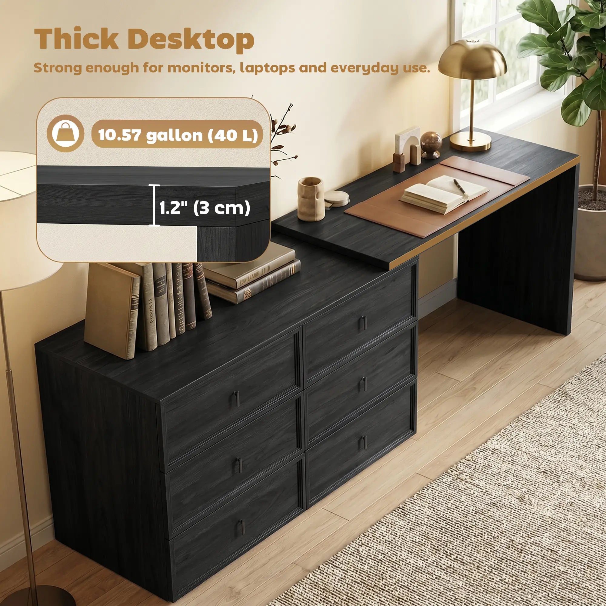 L Shaped Computer Desk, 6 Drawers, Wood Grain, Black Computer Desks at Gallery Canada
