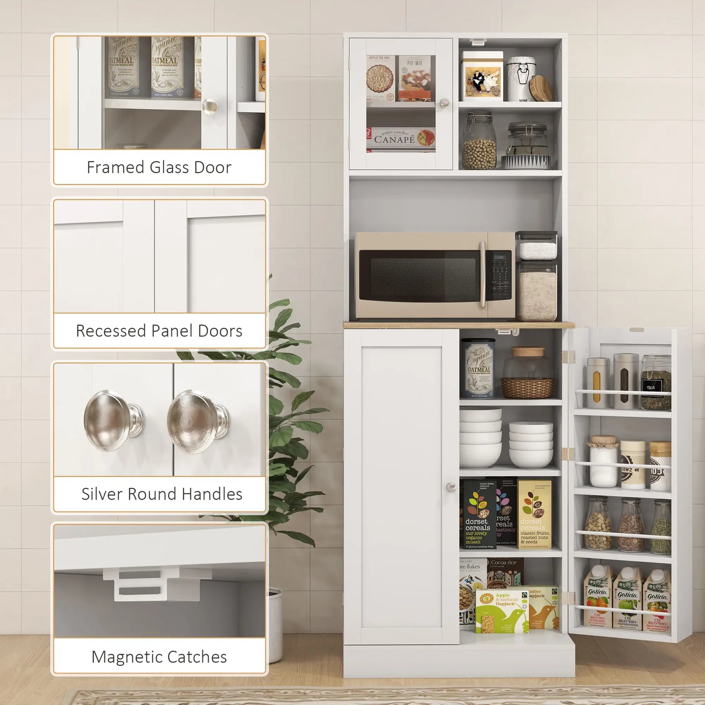 66.5" Tall Kitchen Pantry Cabinet, Microwave Hutch, Adjustable Shelves, White Kitchen Pantry Cabinets at Gallery Canada