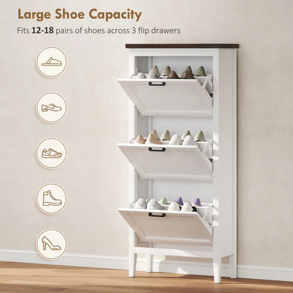 Shoe Cabinet with 3 Flip Drawers, Farmhouse Narrow Shoe Storage Cabinet with Adjustable Shelves, White Shoe Storage Cabinets & Racks at Gallery Canada