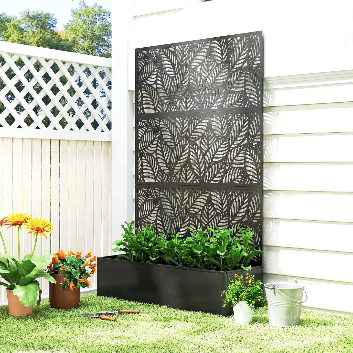 70" Metal Planter Box With Trellis, Raised Garden Bed, Leaves Cut-Out Galvanized Planter Boxes at Gallery Canada