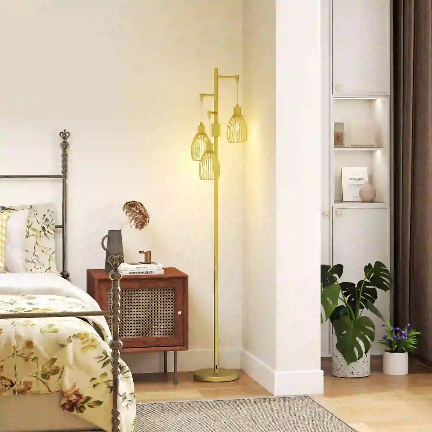 Industrial Floor Lamp, 3 Hanging Wire Lampshades, Dimmable, Gold Floor Lamps & Ceiling Fan Lights at Gallery Canada