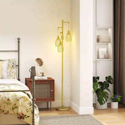 Industrial Floor Lamp, 3 Hanging Wire Lampshades, Dimmable, Gold Floor Lamps & Ceiling Fan Lights at Gallery Canada