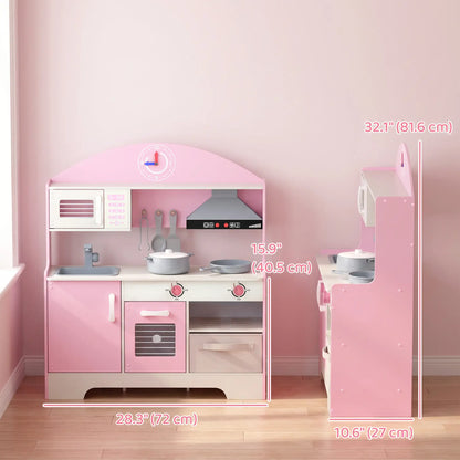 Kids Wooden Play Kitchen Set, Lights Sounds, 5pcs, Ages 3-6, Pink