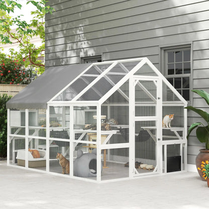 Outdoor Cat Enclosure, Wooden Feral Cat House, Weatherproof Canopy