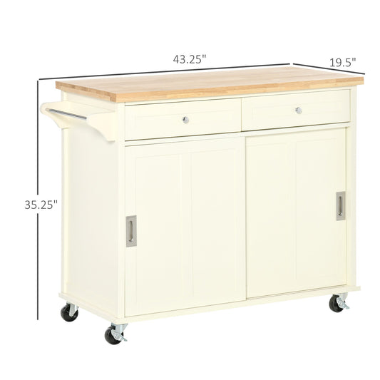 Rolling Kitchen Island, Kitchen Cart on Wheels with Rubberwood Top, 2 Drawers, Towel Rack, Cream White - Gallery Canada