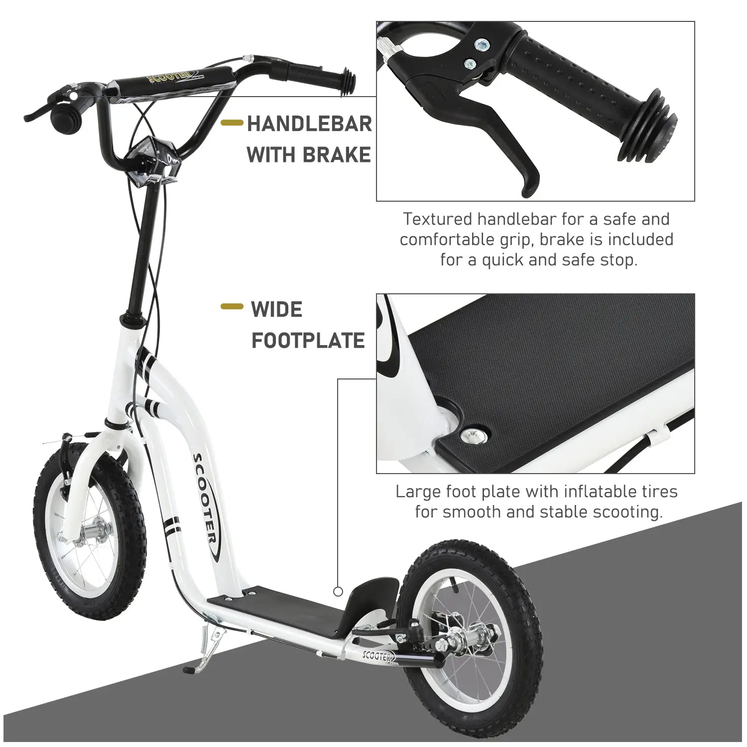 Dual Brakes Kick Scooter, 12-Inch Inflatable Wheel, Age 5+, White Scooters at Gallery Canada