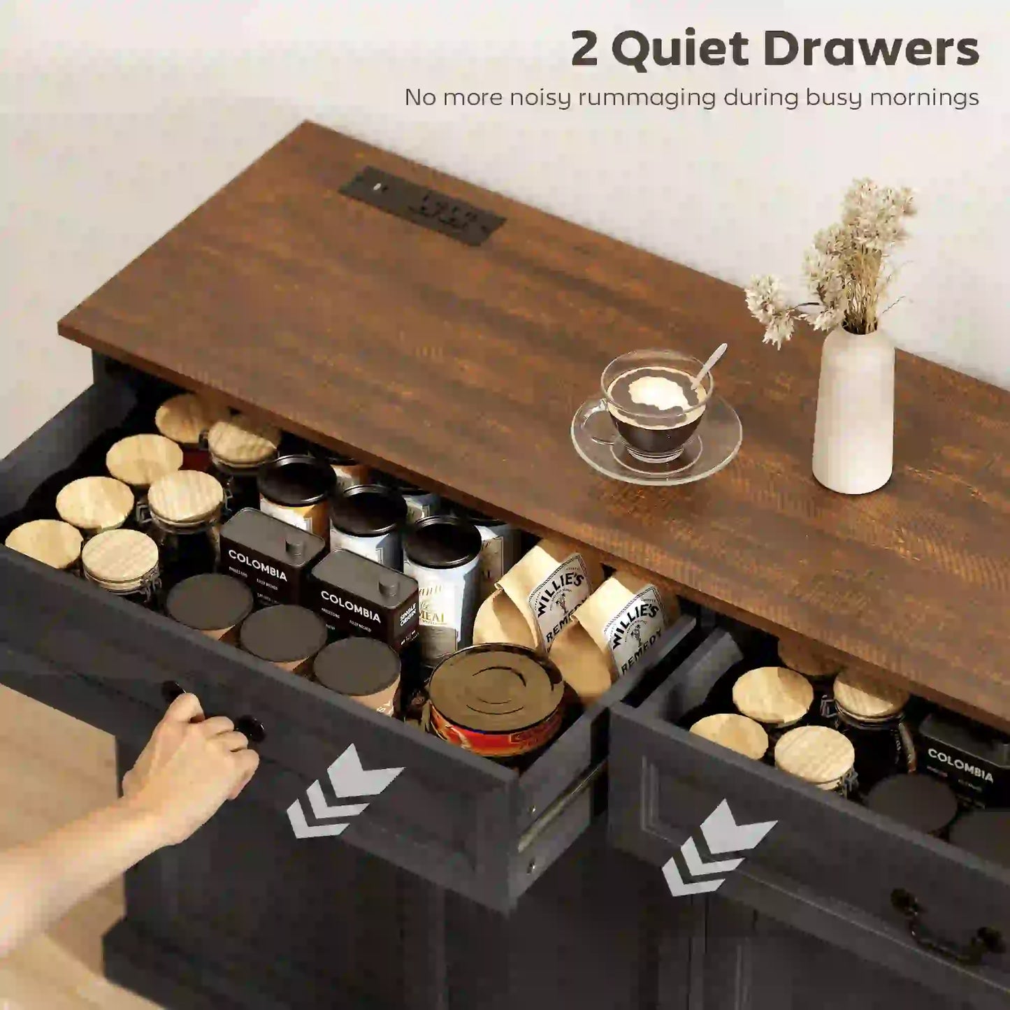 55" Buffet Cabinet, Black Wood Grain, Charging Station, 2 Drawers, Black Bar Cabinets at Gallery Canada