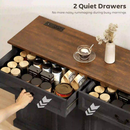 55" Buffet Cabinet, Black Wood Grain, Charging Station, 2 Drawers, Black Bar Cabinets at Gallery Canada