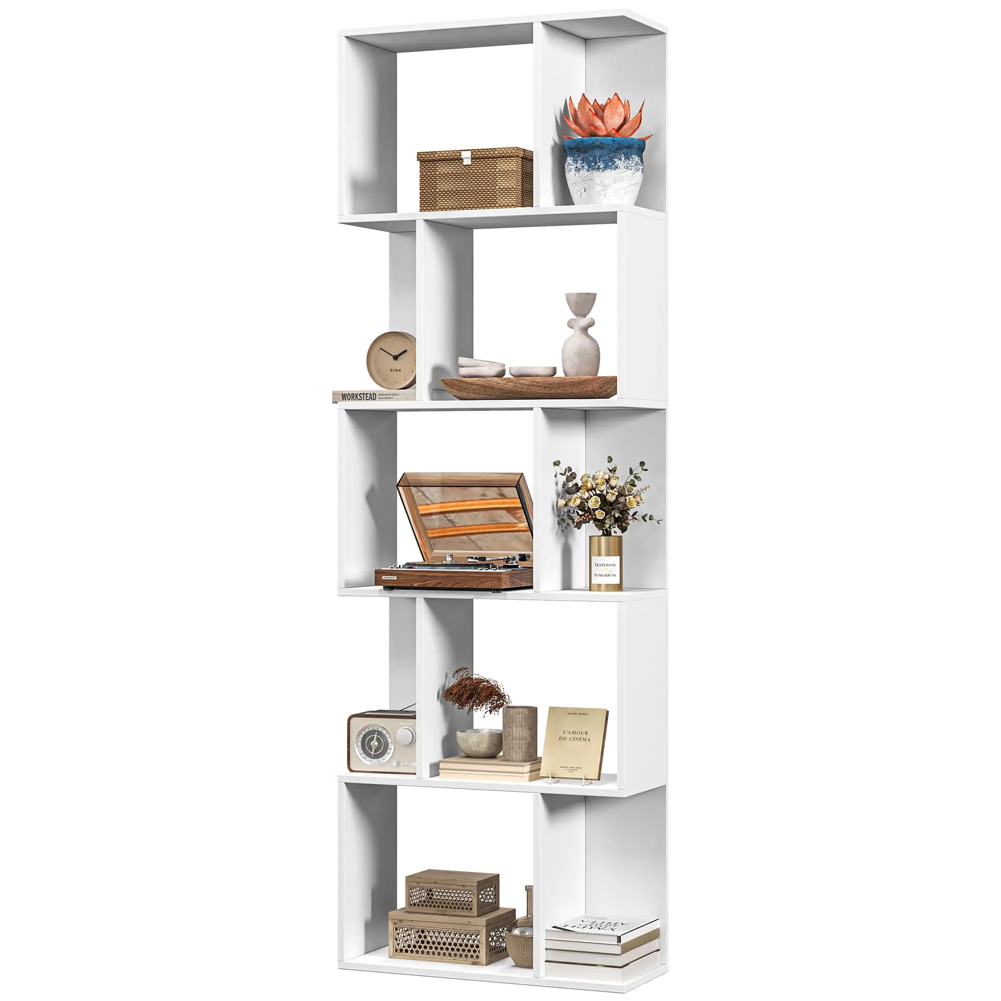 5-Tier Geometric Bookshelf, S Shaped Bookcase, White Display Bookshelves White at Gallery Canada