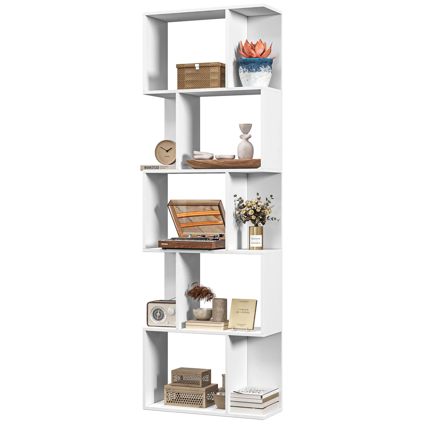 5-Tier Geometric Bookshelf, S Shaped Bookcase, White Display Bookshelves White at Gallery Canada