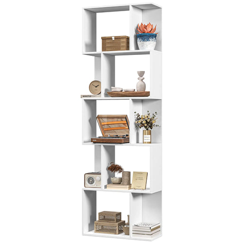 5-Tier Geometric Bookshelf, S Shaped Bookcase, White
