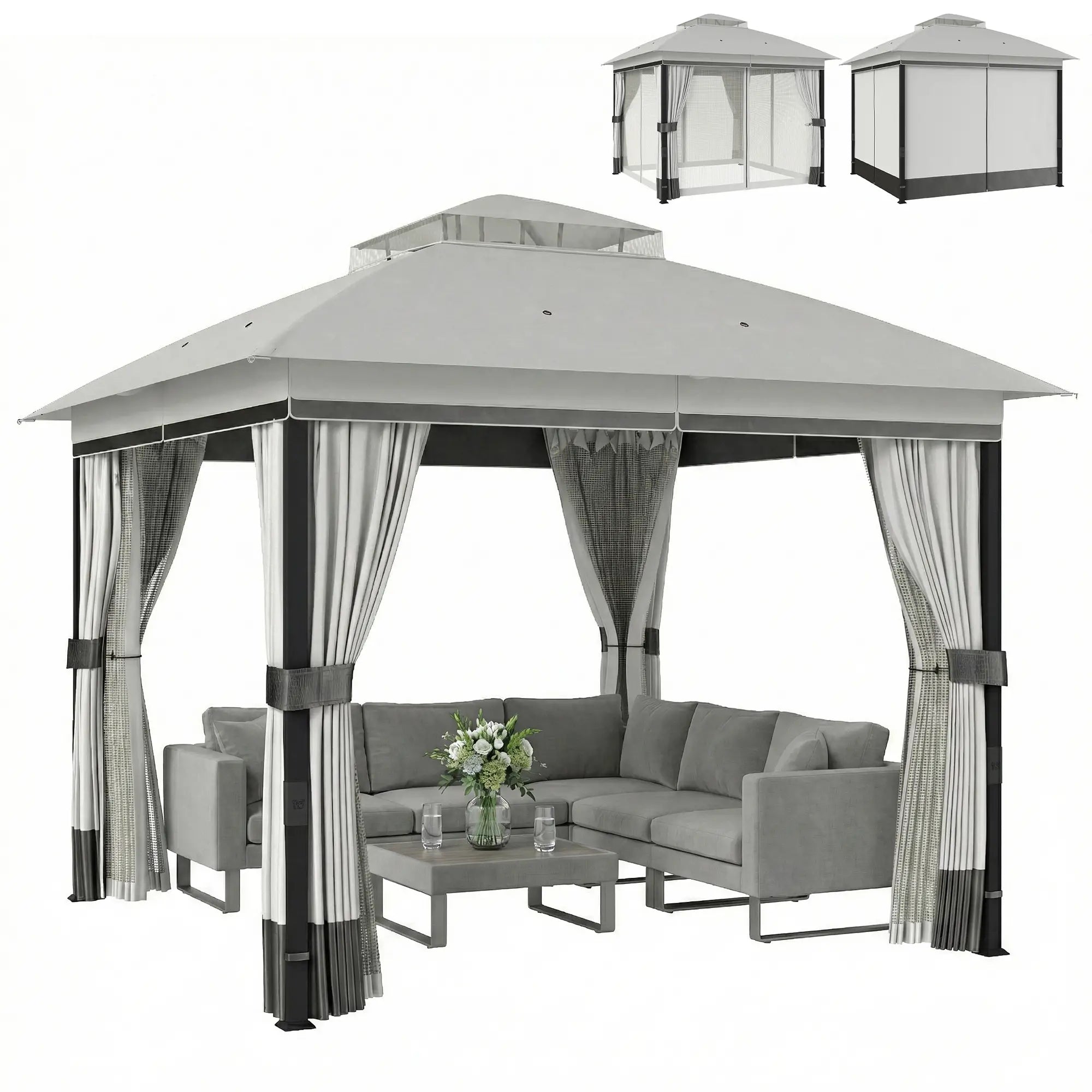 10' x 10' Light Grey Patio Gazebo, UPF50+ Double Roof With Netting, Light Grey Gazebos Light Grey at Gallery Canada
