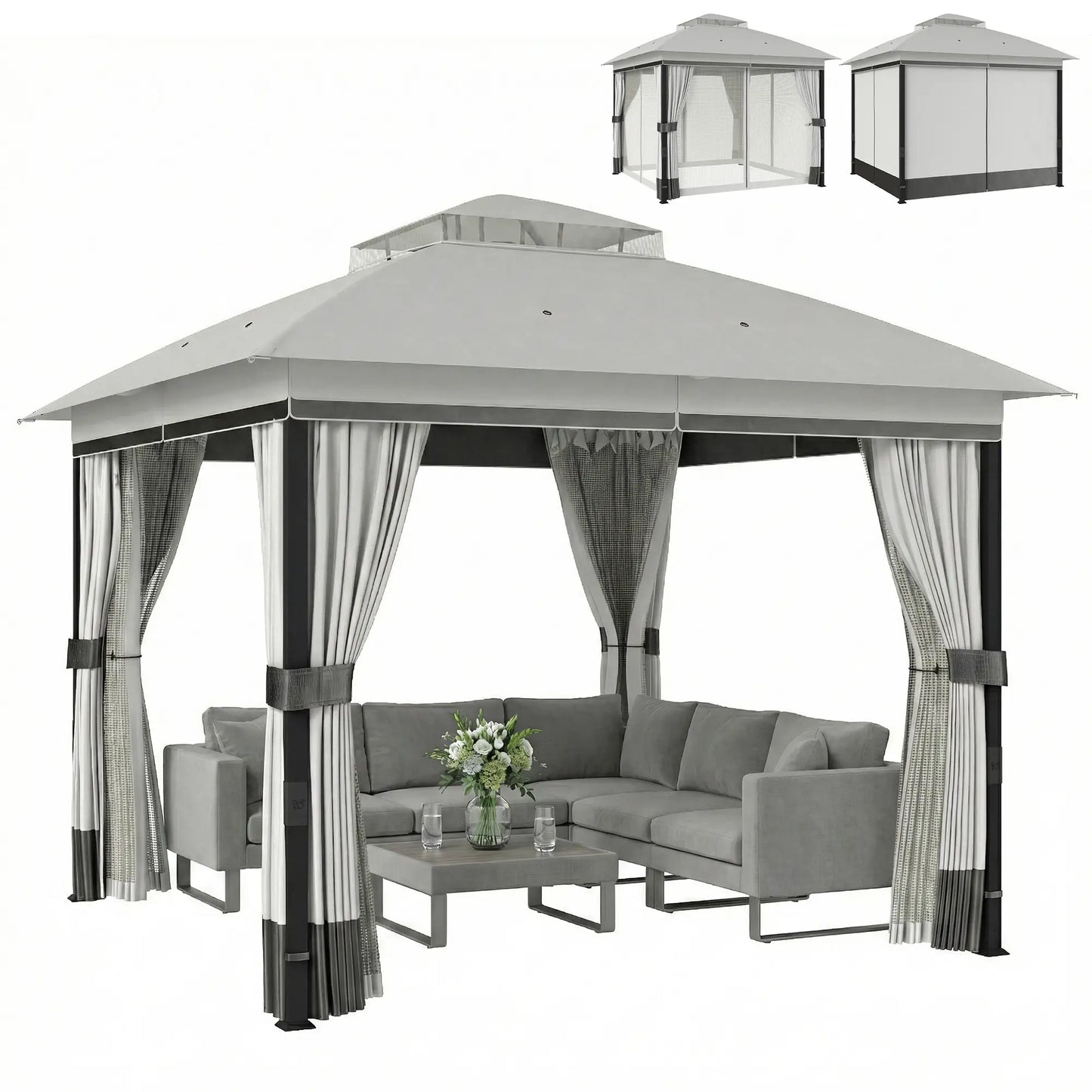 10' x 10' Light Grey Patio Gazebo, UPF50+ Double Roof With Netting, Light Grey Gazebos Light Grey at Gallery Canada