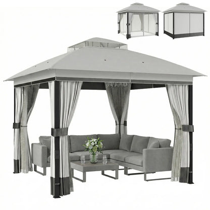 10' x 10' Light Grey Patio Gazebo, UPF50+ Double Roof With Netting, Light Grey Gazebos Light Grey at Gallery Canada