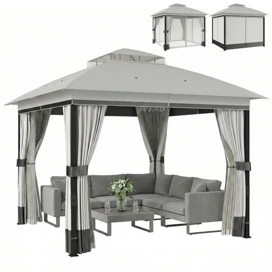 10' x 10' Light Grey Patio Gazebo, UPF50+ Double Roof With Netting, Light Grey Gazebos Light Grey at Gallery Canada