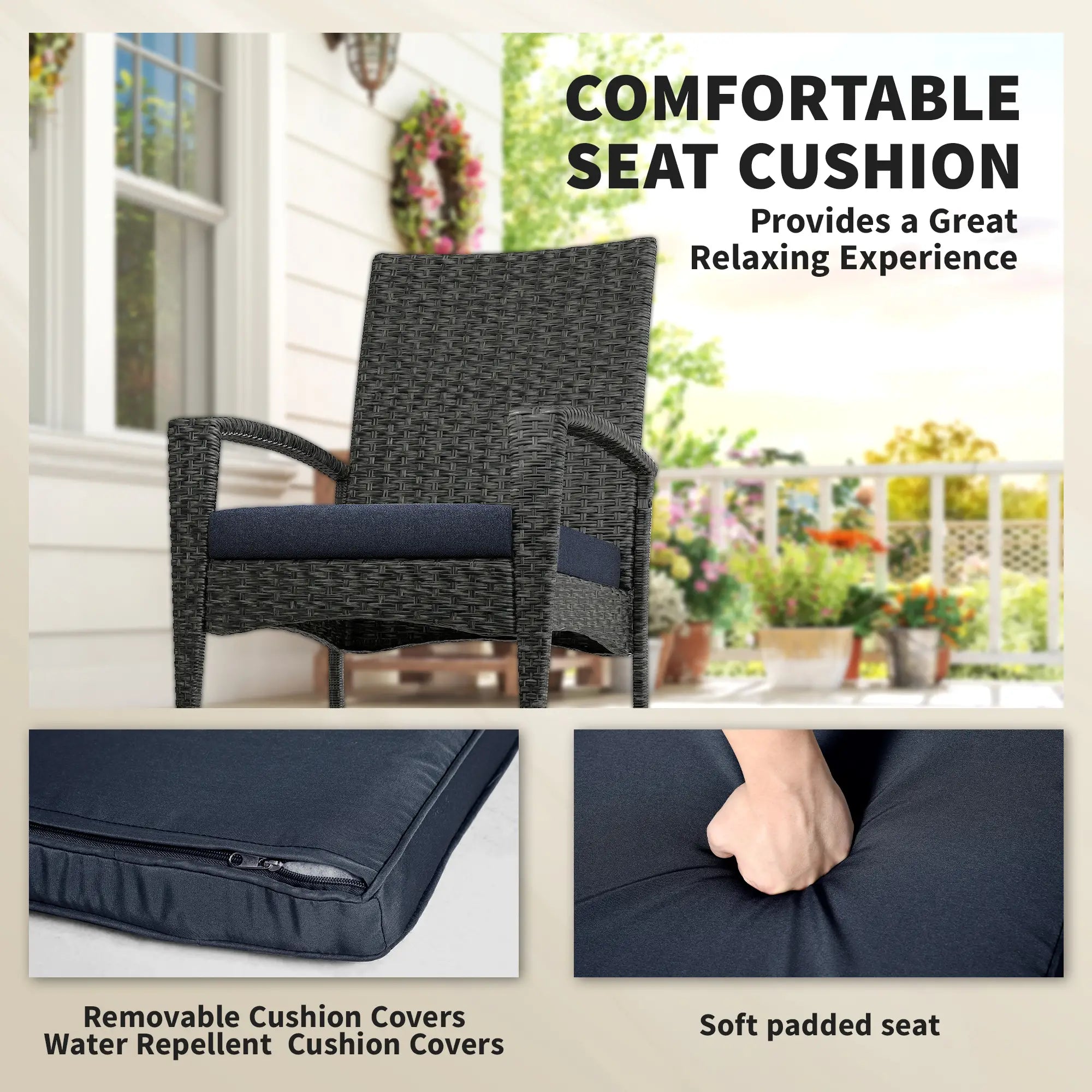 Outdoor Rocking Chair, Patio Wicker Chair, Removable Cushion, Navy Blue Outdoor Rocking Chairs at Gallery Canada