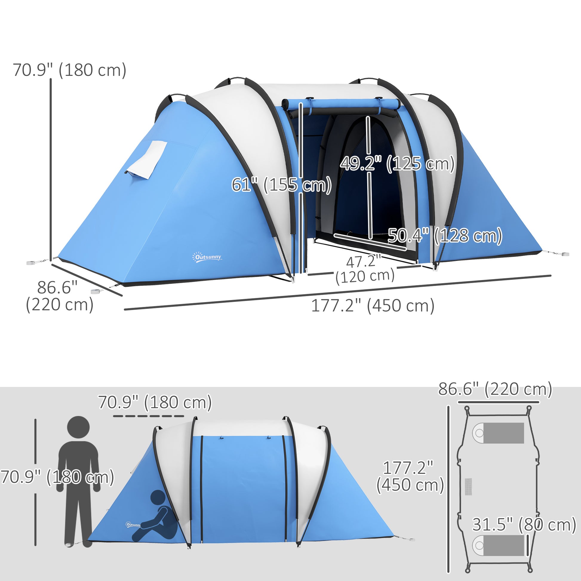 Camping Tent with 2 Bedrooms and Living Area, 3000mm Waterproof Family Tent, for Fishing Hiking Festival, Blue at Gallery Canada