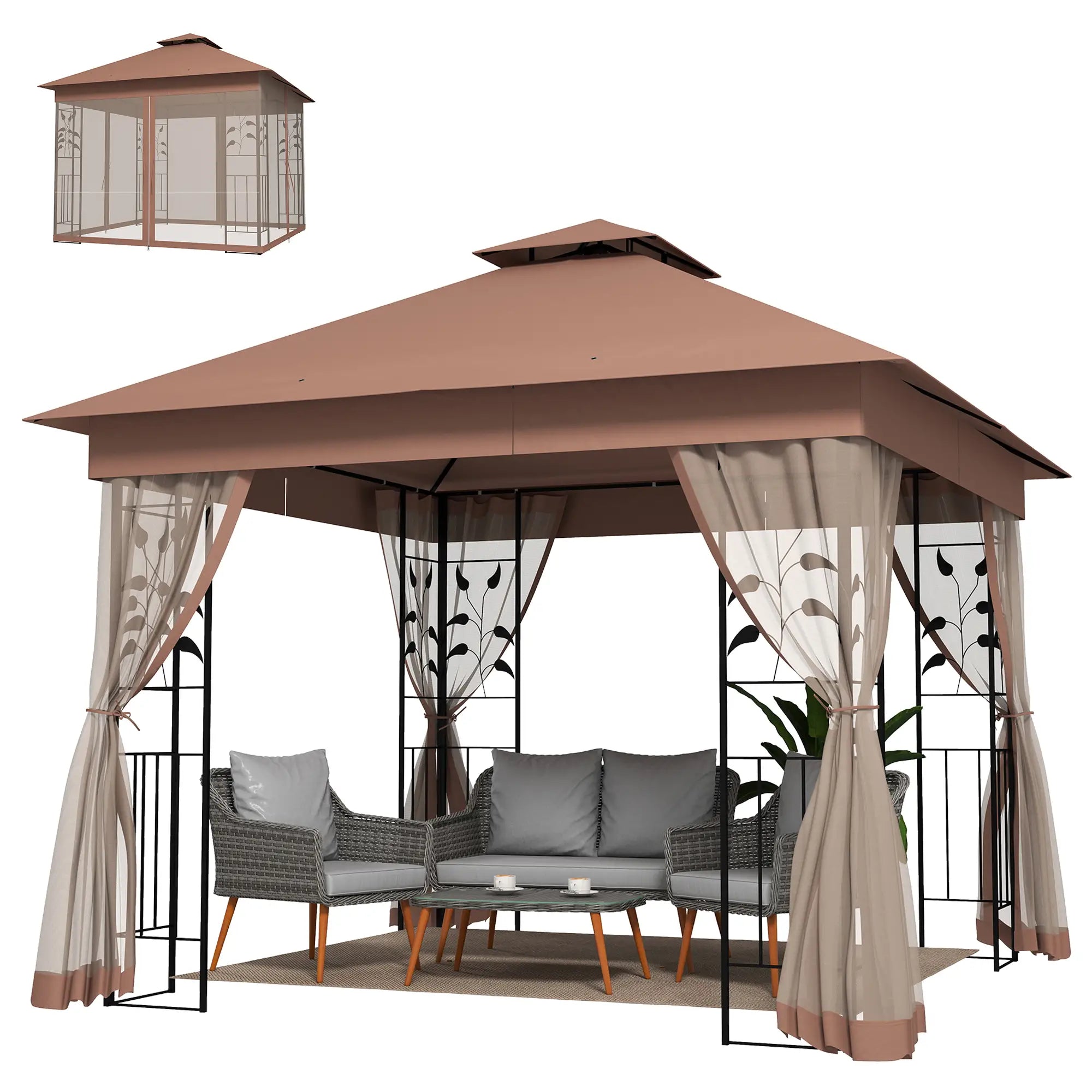 10'x10' Dark Brown Steel Patio Gazebo, Soft-Top Sun Shelter, Dark Brown Gazebos Dark Brown at Gallery Canada