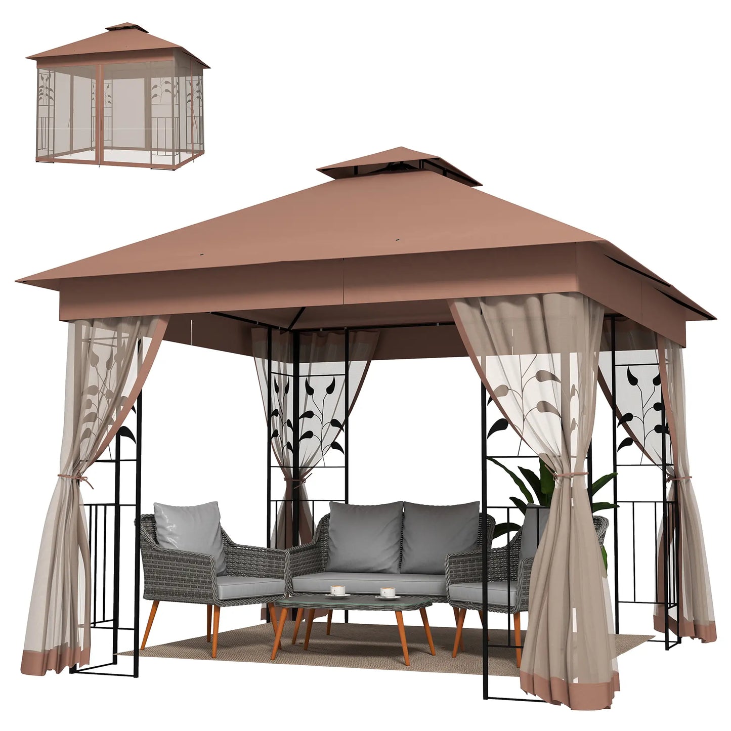 10'x10' Dark Brown Steel Patio Gazebo, Soft-Top Sun Shelter, Dark Brown Gazebos Dark Brown at Gallery Canada