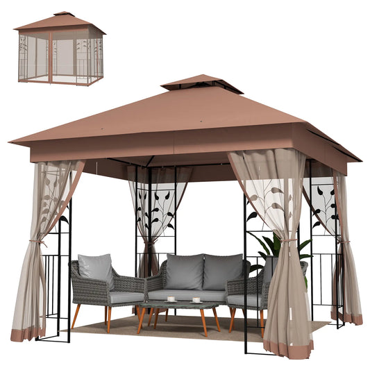 10'x10' Dark Brown Steel Patio Gazebo, Soft-Top Sun Shelter, Dark Brown Gazebos Dark Brown at Gallery Canada