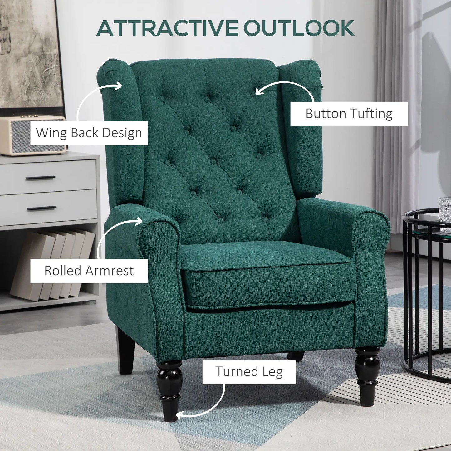 Fabric Accent Chair, Button Tufted, Wood Legs, Dark Green Accent Chairs at Gallery Canada