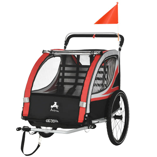 3-In-1 Bike Trailer, Running Stroller, 2 Seats, 5-Point Harness, Storage, Red